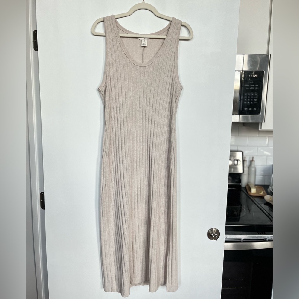 Cream Ribbed Sleeveless Sheath Midi Dress
